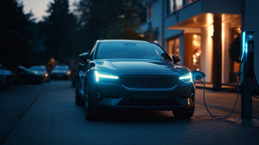 Elektrische auto met opgeladen koplampen wordt 's avonds aangesloten op een laadpaal bij een woning