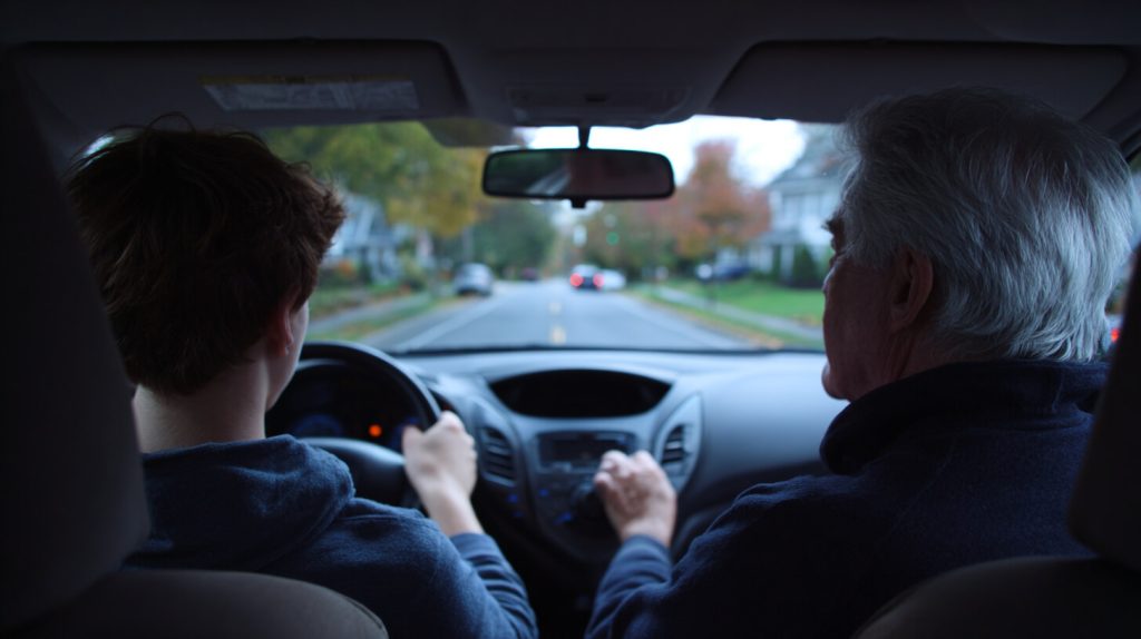 Leerling en instructeur zitten samen achter het stuur van een auto tijdens een rustige rijles door een woonwijk