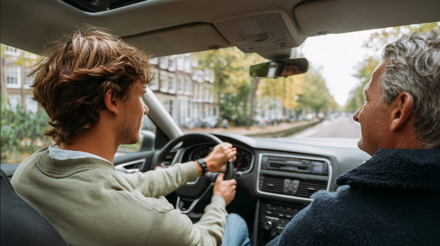 Jonge automobilist rijdt zelfstandig door een straat terwijl de instructeur meekijkt vanaf de bijrijdersstoel