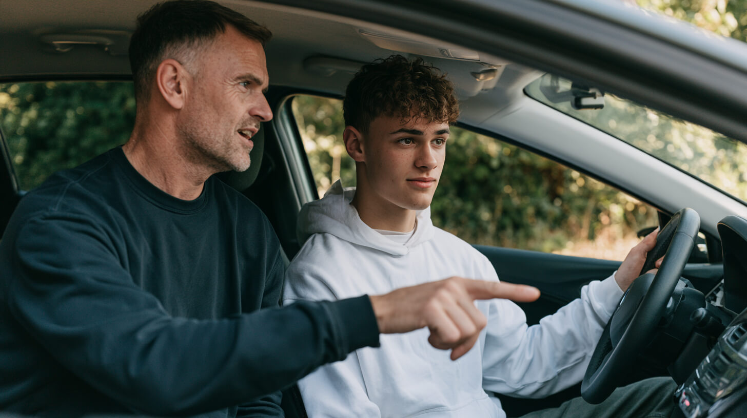 Rijinstructeur wijst de weg aan tijdens een rijles, terwijl de leerling geconcentreerd het stuur vasthoudt