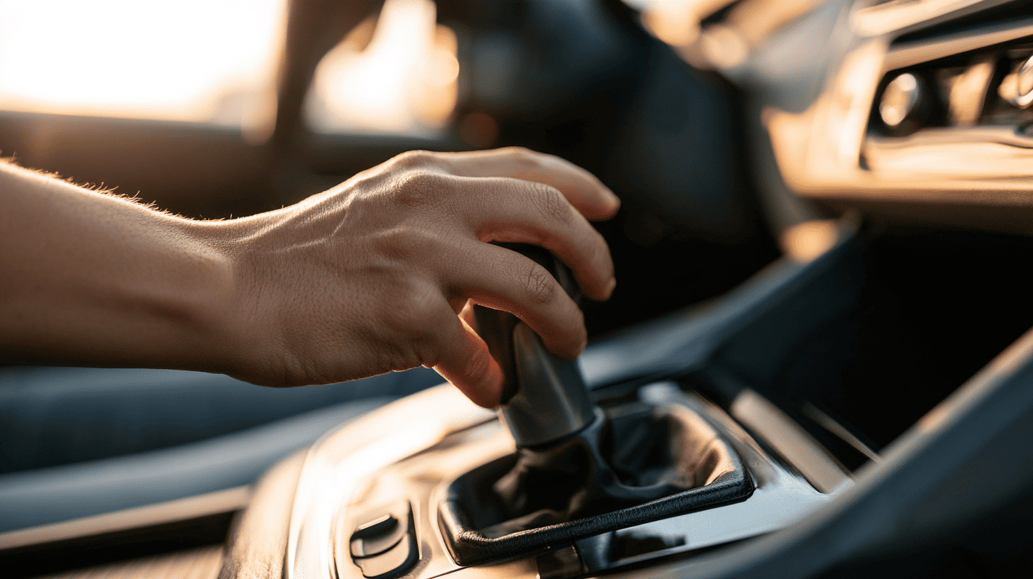 Hand op de automaatpook van een lesauto, rijden met een code 78 rijbewijs